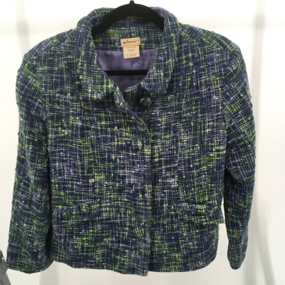 elevenses Tweed Blue/Green 3/4 Sleeve Button Blazer 10 Blue/Green